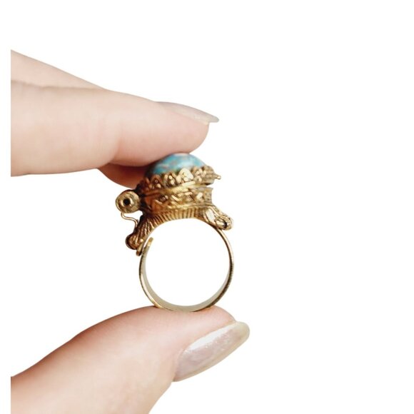 Simulated Turquoise Locket Ring Victorian Style Perfume or Poison Adjustable - Picture 2 of 6